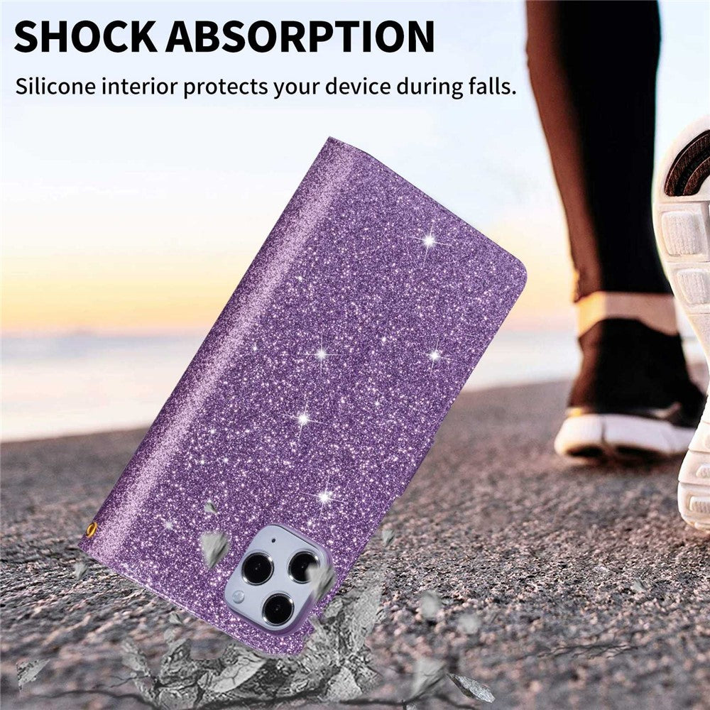 For iPhone 14 Pro Max 6.7 inch Flip Cover, Fall Proof Laser Carving Glittery Starry Style Zipper Wallet Stand Leather Phone Case with Strap
