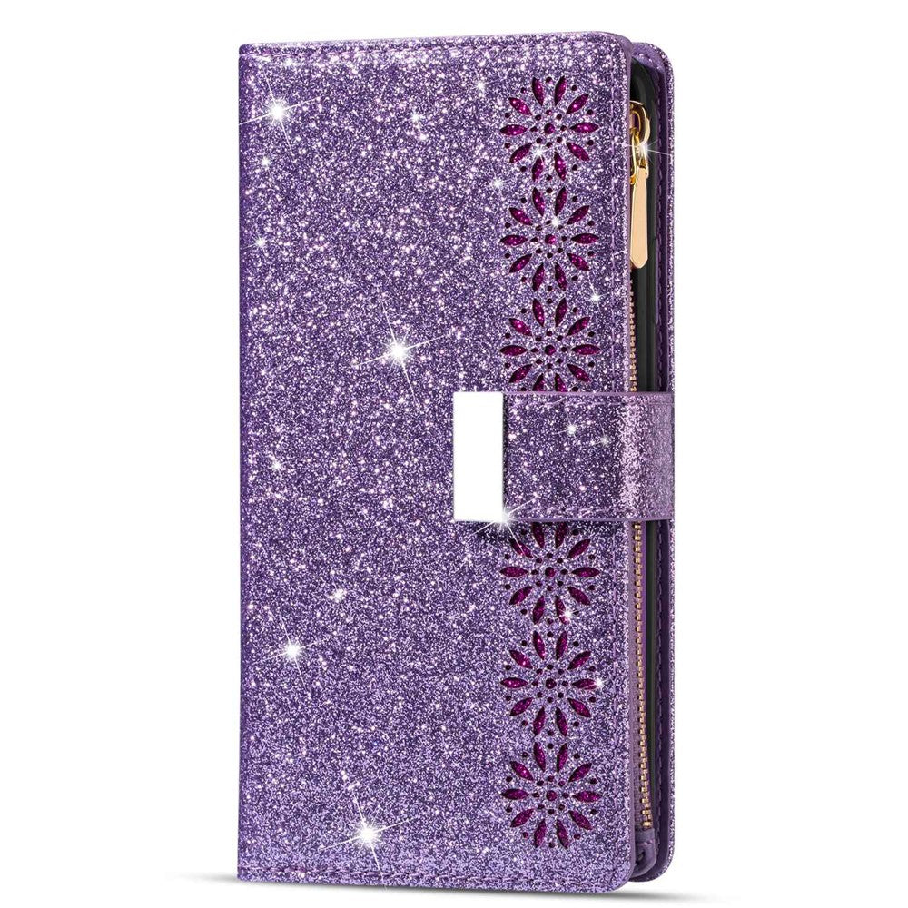 For iPhone 14 Pro Max 6.7 inch Flip Cover, Fall Proof Laser Carving Glittery Starry Style Zipper Wallet Stand Leather Phone Case with Strap