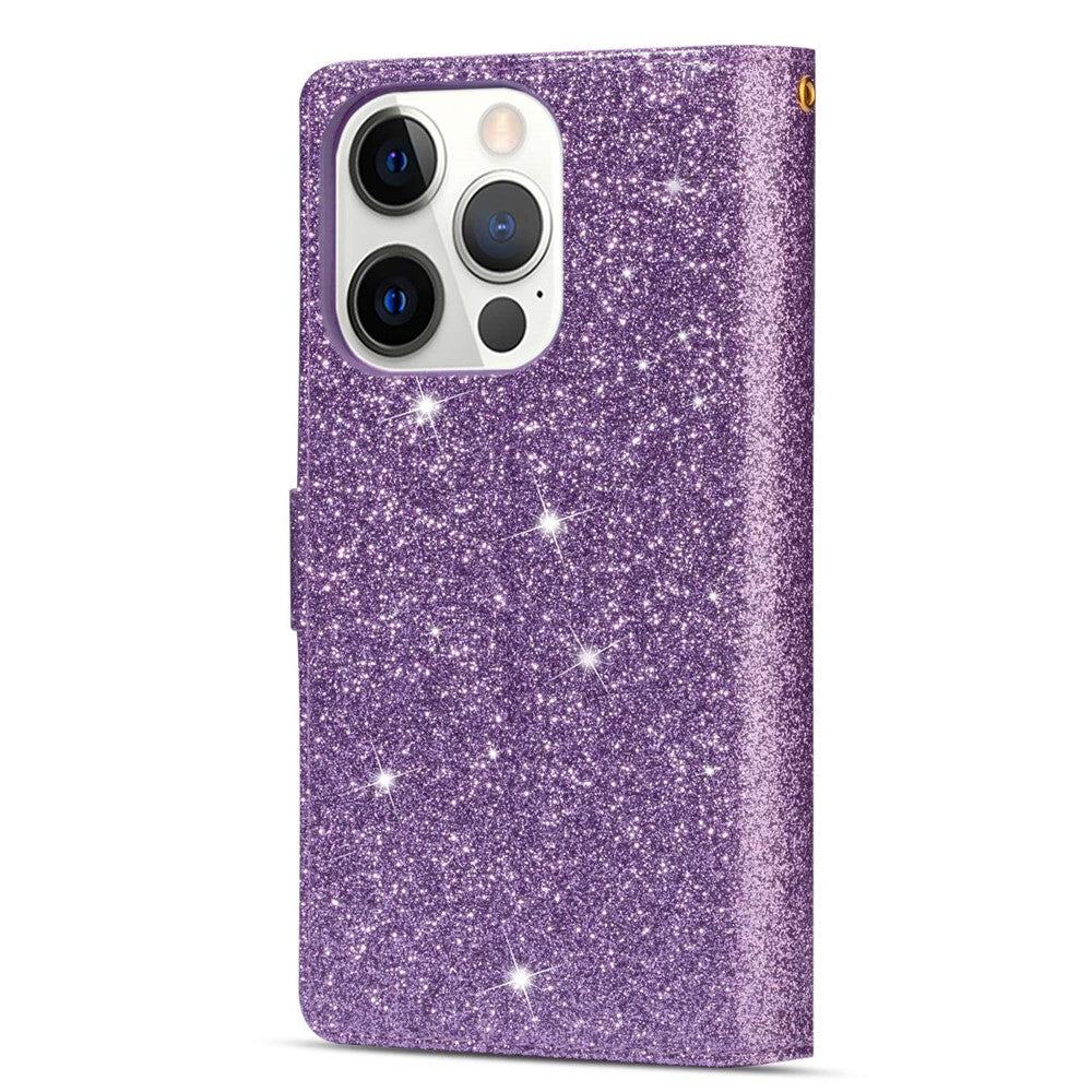 For iPhone 14 Pro Max 6.7 inch Flip Cover, Fall Proof Laser Carving Glittery Starry Style Zipper Wallet Stand Leather Phone Case with Strap