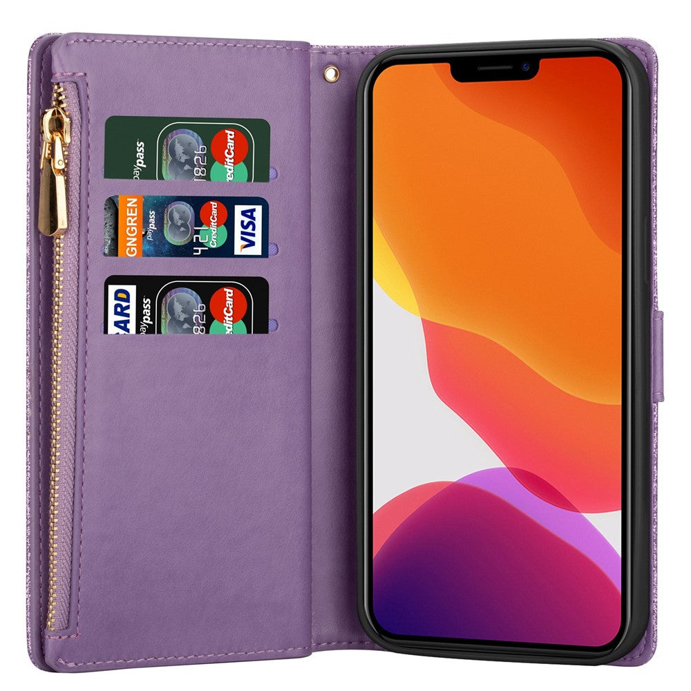 For iPhone 14 Pro Max 6.7 inch Flip Cover, Fall Proof Laser Carving Glittery Starry Style Zipper Wallet Stand Leather Phone Case with Strap