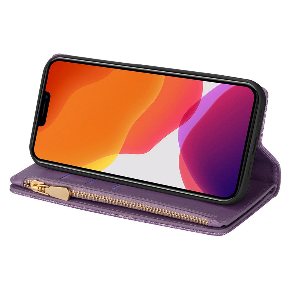 For iPhone 14 Pro Max 6.7 inch Flip Cover, Fall Proof Laser Carving Glittery Starry Style Zipper Wallet Stand Leather Phone Case with Strap