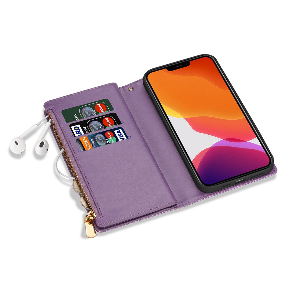 For iPhone 14 Pro Max 6.7 inch Flip Cover, Fall Proof Laser Carving Glittery Starry Style Zipper Wallet Stand Leather Phone Case with Strap
