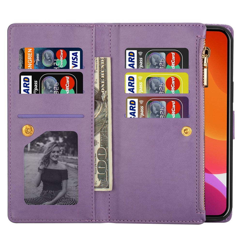For iPhone 14 Pro Max 6.7 inch Flip Cover, Fall Proof Laser Carving Glittery Starry Style Zipper Wallet Stand Leather Phone Case with Strap