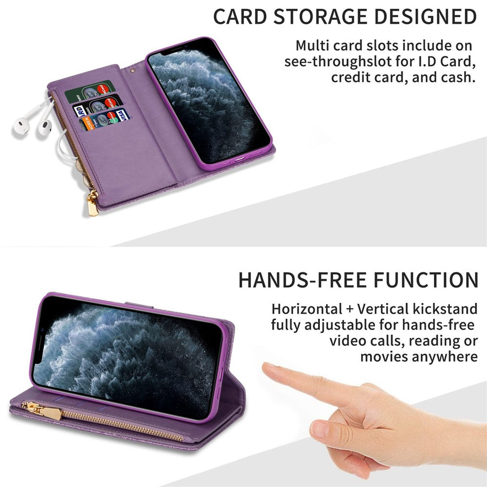 For iPhone 14 Pro Max 6.7 inch Flip Cover, Fall Proof Laser Carving Glittery Starry Style Zipper Wallet Stand Leather Phone Case with Strap