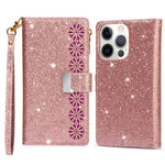 For iPhone 14 Pro Max 6.7 inch Flip Cover, Fall Proof Laser Carving Glittery Starry Style Zipper Wallet Stand Leather Phone Case with Strap