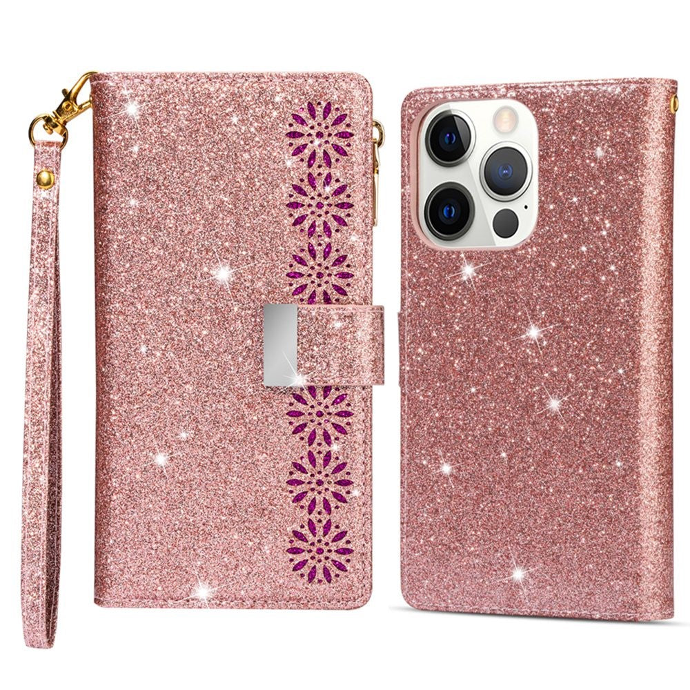 For iPhone 14 Pro Max 6.7 inch Flip Cover, Fall Proof Laser Carving Glittery Starry Style Zipper Wallet Stand Leather Phone Case with Strap