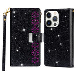 For iPhone 14 Pro Max 6.7 inch Flip Cover, Fall Proof Laser Carving Glittery Starry Style Zipper Wallet Stand Leather Phone Case with Strap