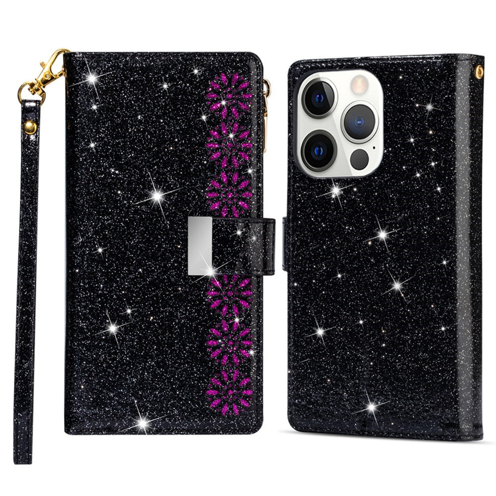 For iPhone 14 Pro Max 6.7 inch Flip Cover, Fall Proof Laser Carving Glittery Starry Style Zipper Wallet Stand Leather Phone Case with Strap