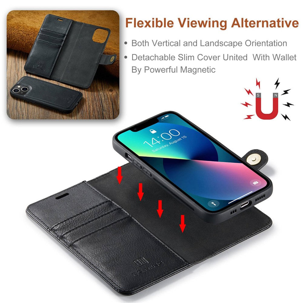 DG.MING Til iPhone 14 6,1 tommer Aftageligt Magnetisk Cover Delt Læder Pung Stativ Stødresistent Flip Beskyttelsescover