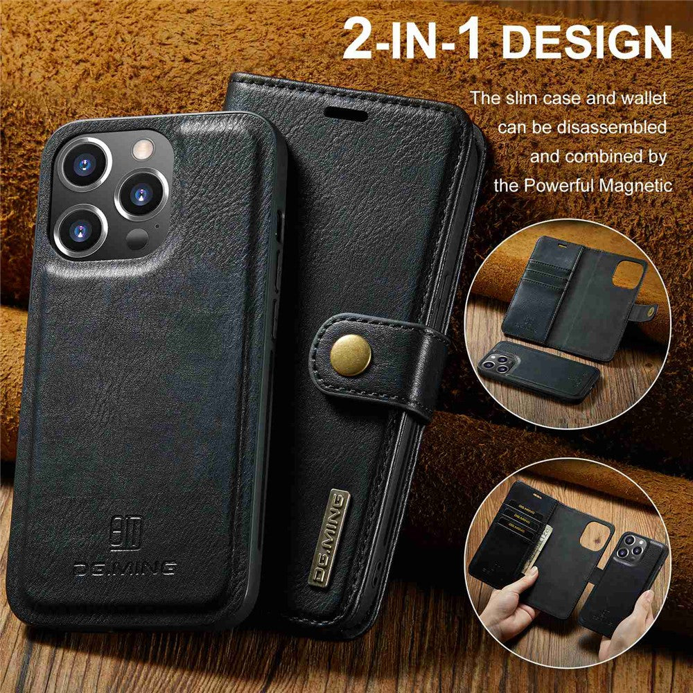 DG.MING til iPhone 14 Pro 6,1 tommer 2-i-1 aftageligt cover magnetisk absorption stativ flip folio delt læderpung etui