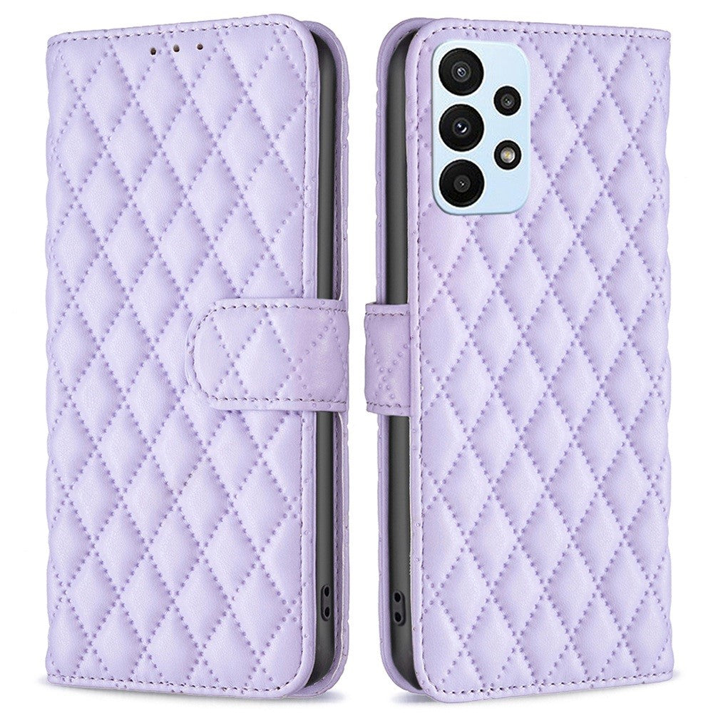 BINFEN COLOR For Samsung Galaxy A23 5G (Global Version) / 4G BF Style-14 Imprinted Rhombus Pattern Case Full Protection Stand Matte PU Leather Wallet Cover