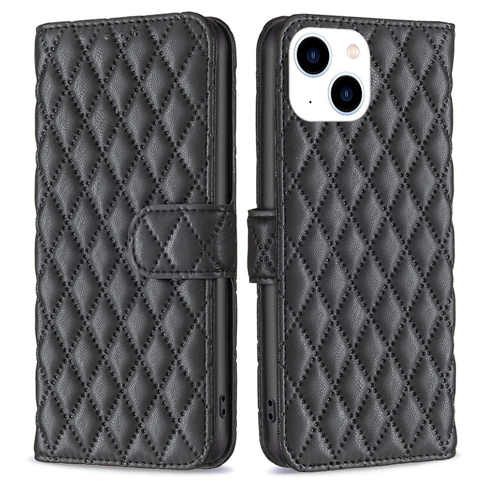 BINFEN COLOR til iPhone 14 6.1 tommer BF Style-14 Mat PU-læder Præget Rhombus Mønster Etui Stand Pung Cover