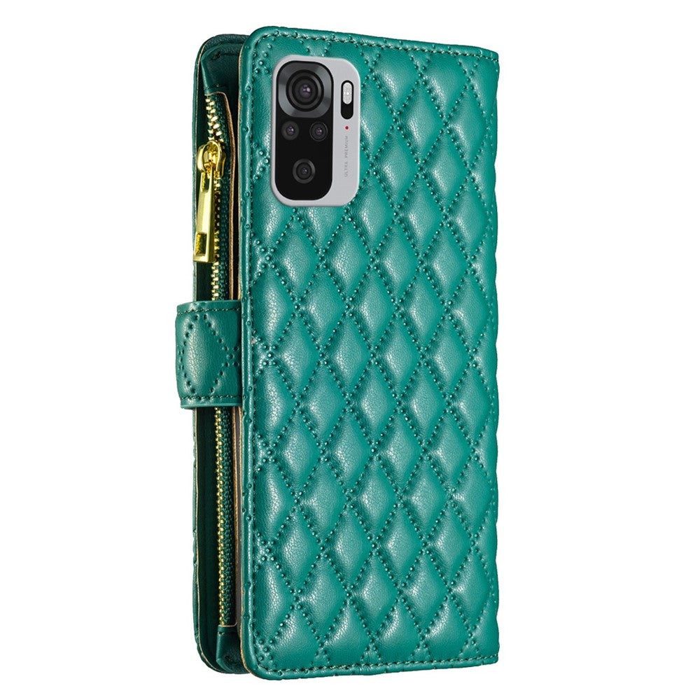 BINFEN COLOR för Xiaomi Poco M5s 4G / Redmi Note 10 4G / Redmi Note 10S 4G BF Style-15 Smartphone-skal med präglat rombmönster och dragkedja, stötsäkert stativ, matt PU-läder, plånboksfodral