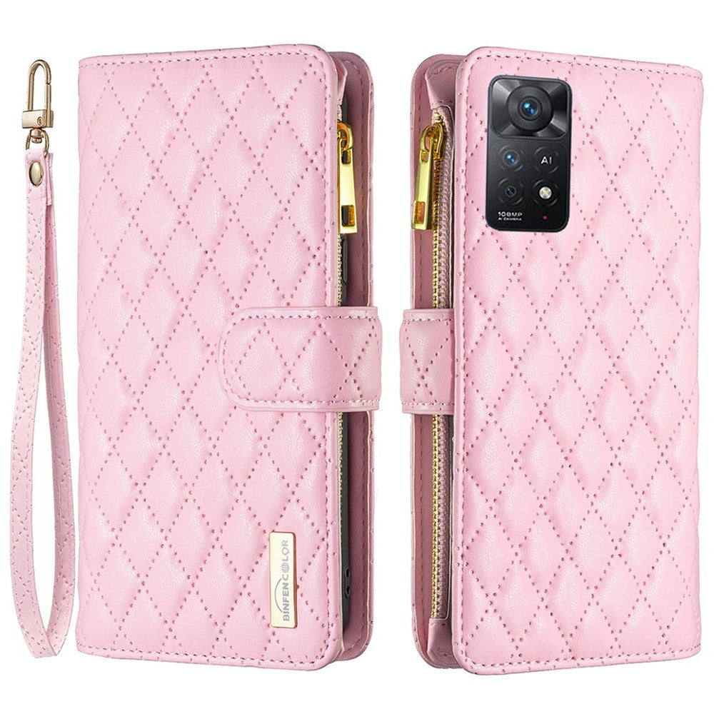 BINFEN COLOR for Xiaomi Redmi Note 12 Pro 4G / 11 Pro 4G (MediaTek) / Note 11 Pro 5G (Qualcomm) BF Style-15 Zipper Pocket Design Imprinted Rhombus Pattern Matte PU Leather Anti-scratch Case with Stand Wallet