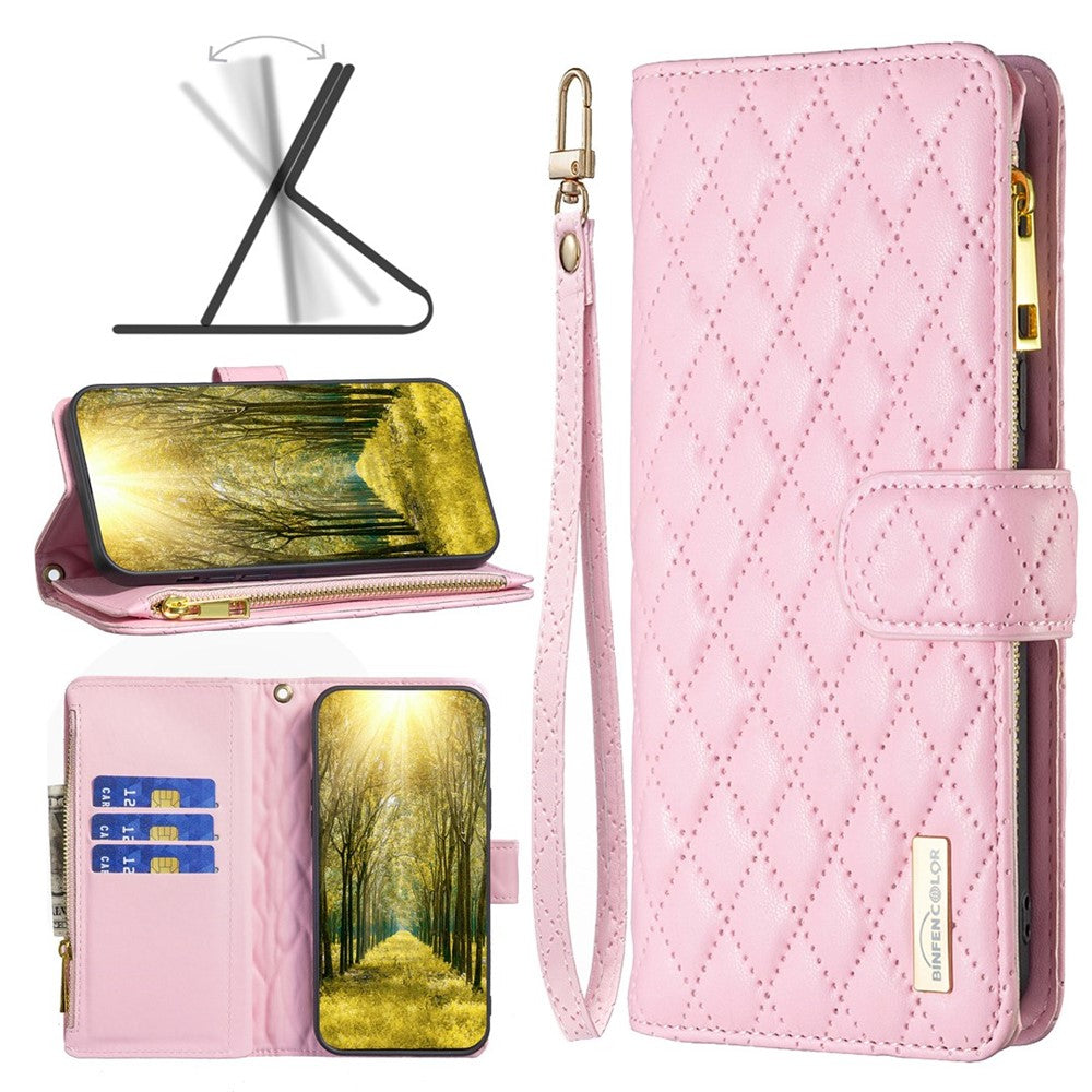 BINFEN COLOR for Xiaomi Redmi Note 12 Pro 4G / 11 Pro 4G (MediaTek) / Note 11 Pro 5G (Qualcomm) BF Style-15 Zipper Pocket Design Imprinted Rhombus Pattern Matte PU Leather Anti-scratch Case with Stand Wallet