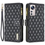 BINFEN COLOR BF Style-15 for Xiaomi 12 Lite 5G Imprinted Rhombus Pattern Zipper Pocket Design Cover Well-protected Anti-drop Matte PU Leather Phone Case with Stand Wallet