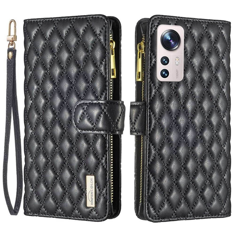 BINFEN COLOR BF Style-15 for Xiaomi 12 Lite 5G Imprinted Rhombus Pattern Zipper Pocket Design Cover Well-protected Anti-drop Matte PU Leather Phone Case with Stand Wallet