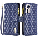 BINFEN COLOR BF Style-15 for Xiaomi 12 Lite 5G Imprinted Rhombus Pattern Zipper Pocket Design Cover Well-protected Anti-drop Matte PU Leather Phone Case with Stand Wallet