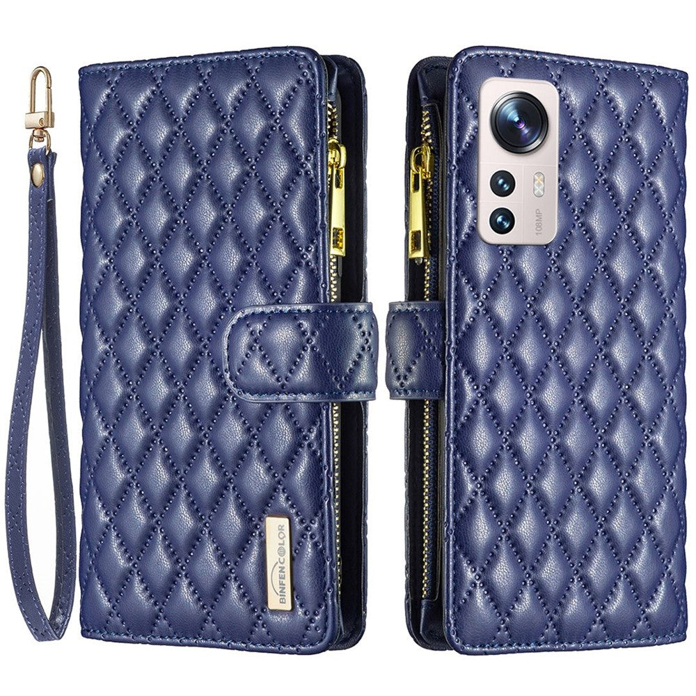 BINFEN COLOR BF Style-15 for Xiaomi 12 Lite 5G Imprinted Rhombus Pattern Zipper Pocket Design Cover Well-protected Anti-drop Matte PU Leather Phone Case with Stand Wallet