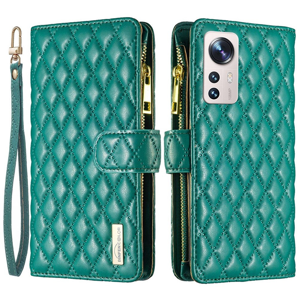 BINFEN COLOR BF Style-15 for Xiaomi 12 Lite 5G Imprinted Rhombus Pattern Zipper Pocket Design Cover Well-protected Anti-drop Matte PU Leather Phone Case with Stand Wallet