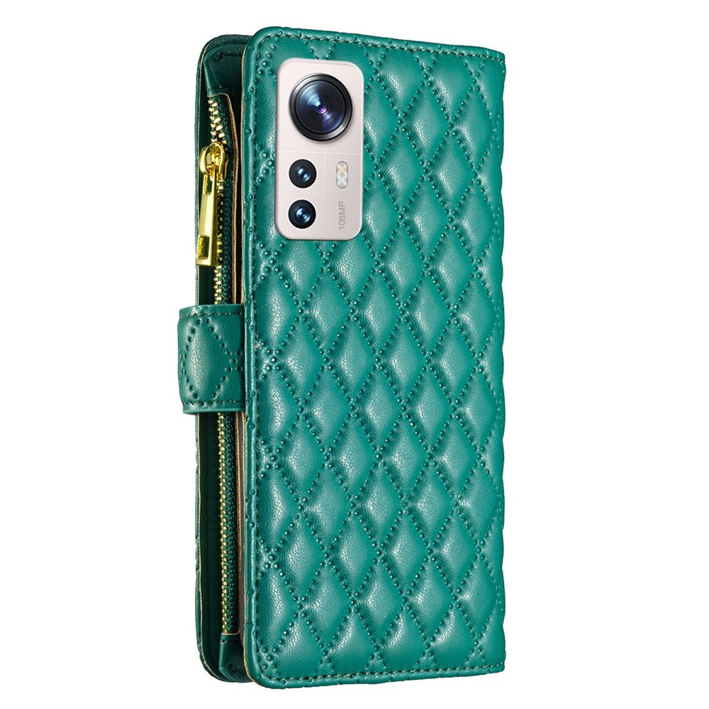 BINFEN COLOR BF Style-15 for Xiaomi 12 Lite 5G Imprinted Rhombus Pattern Zipper Pocket Design Cover Well-protected Anti-drop Matte PU Leather Phone Case with Stand Wallet