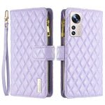 BINFEN COLOR BF Style-15 for Xiaomi 12 Lite 5G Imprinted Rhombus Pattern Zipper Pocket Design Cover Well-protected Anti-drop Matte PU Leather Phone Case with Stand Wallet