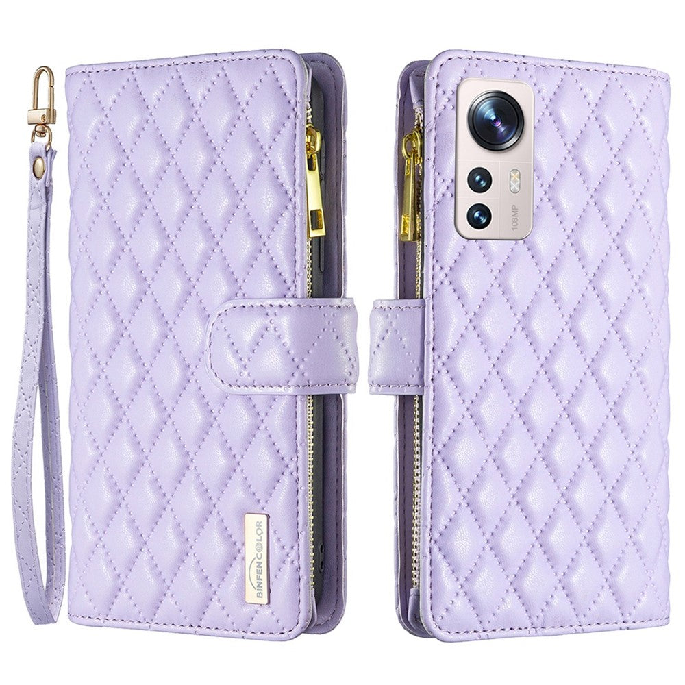 BINFEN COLOR BF Style-15 for Xiaomi 12 Lite 5G Imprinted Rhombus Pattern Zipper Pocket Design Cover Well-protected Anti-drop Matte PU Leather Phone Case with Stand Wallet