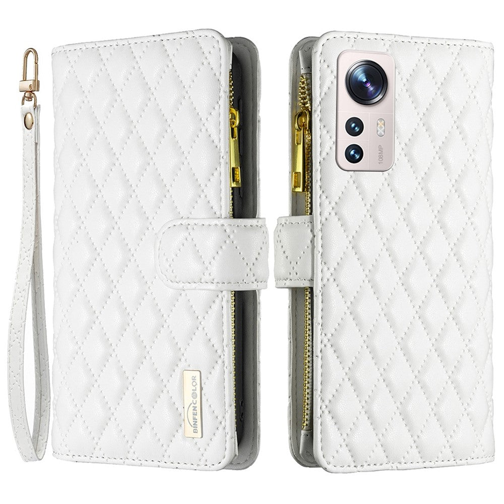 BINFEN COLOR BF Style-15 for Xiaomi 12 Lite 5G Imprinted Rhombus Pattern Zipper Pocket Design Cover Well-protected Anti-drop Matte PU Leather Phone Case with Stand Wallet