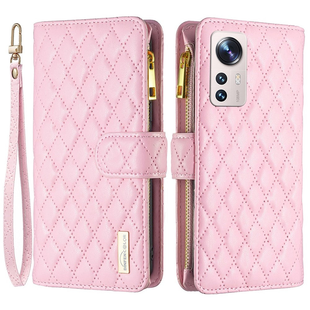 BINFEN COLOR BF Style-15 for Xiaomi 12 Lite 5G Imprinted Rhombus Pattern Zipper Pocket Design Cover Well-protected Anti-drop Matte PU Leather Phone Case with Stand Wallet