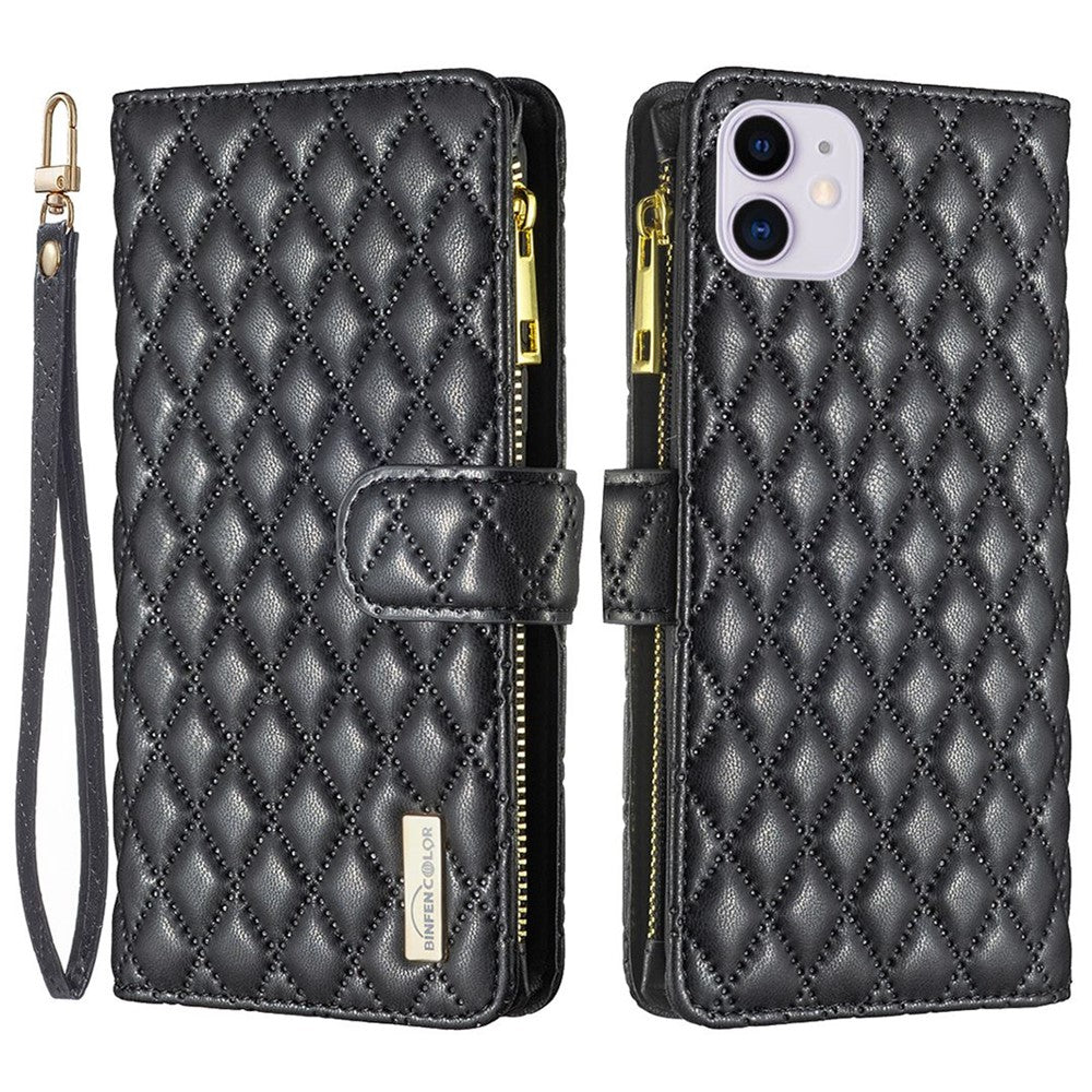 BINFEN COLOR BF Style-15 for iPhone 11 6.1 inch Imprinted Rhombus Pattern Zipper Pocket Design Cover Stand Function Folio Flip Matte PU Leather Phone Case with Wallet