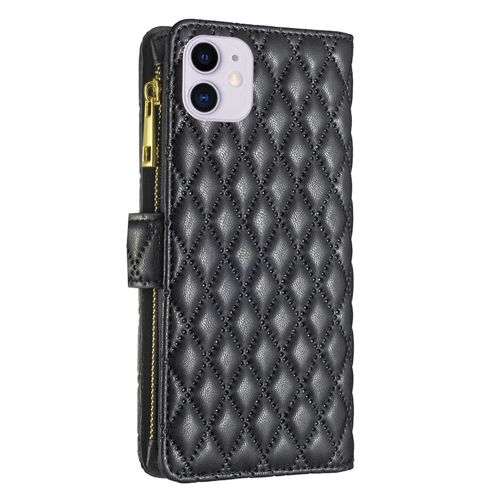 BINFEN COLOR BF Style-15 for iPhone 11 6.1 inch Imprinted Rhombus Pattern Zipper Pocket Design Cover Stand Function Folio Flip Matte PU Leather Phone Case with Wallet