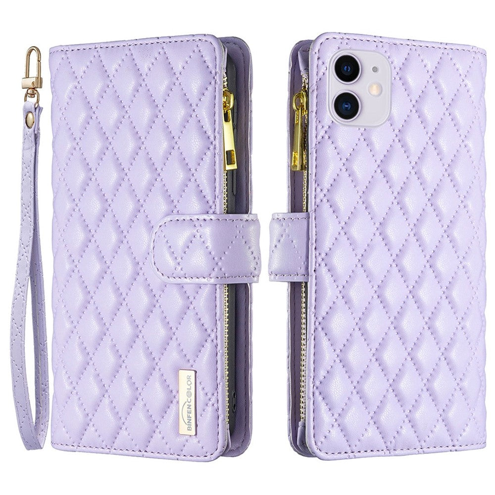 BINFEN COLOR BF Style-15 for iPhone 11 6.1 inch Imprinted Rhombus Pattern Zipper Pocket Design Cover Stand Function Folio Flip Matte PU Leather Phone Case with Wallet