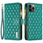 BINFEN COLOR BF Style-15 Mobilcover til iPhone 12 / 12 Pro 6.1 tommer, præget rhombemønster etui med lynlåslomme og stander i mat PU læderpungcover