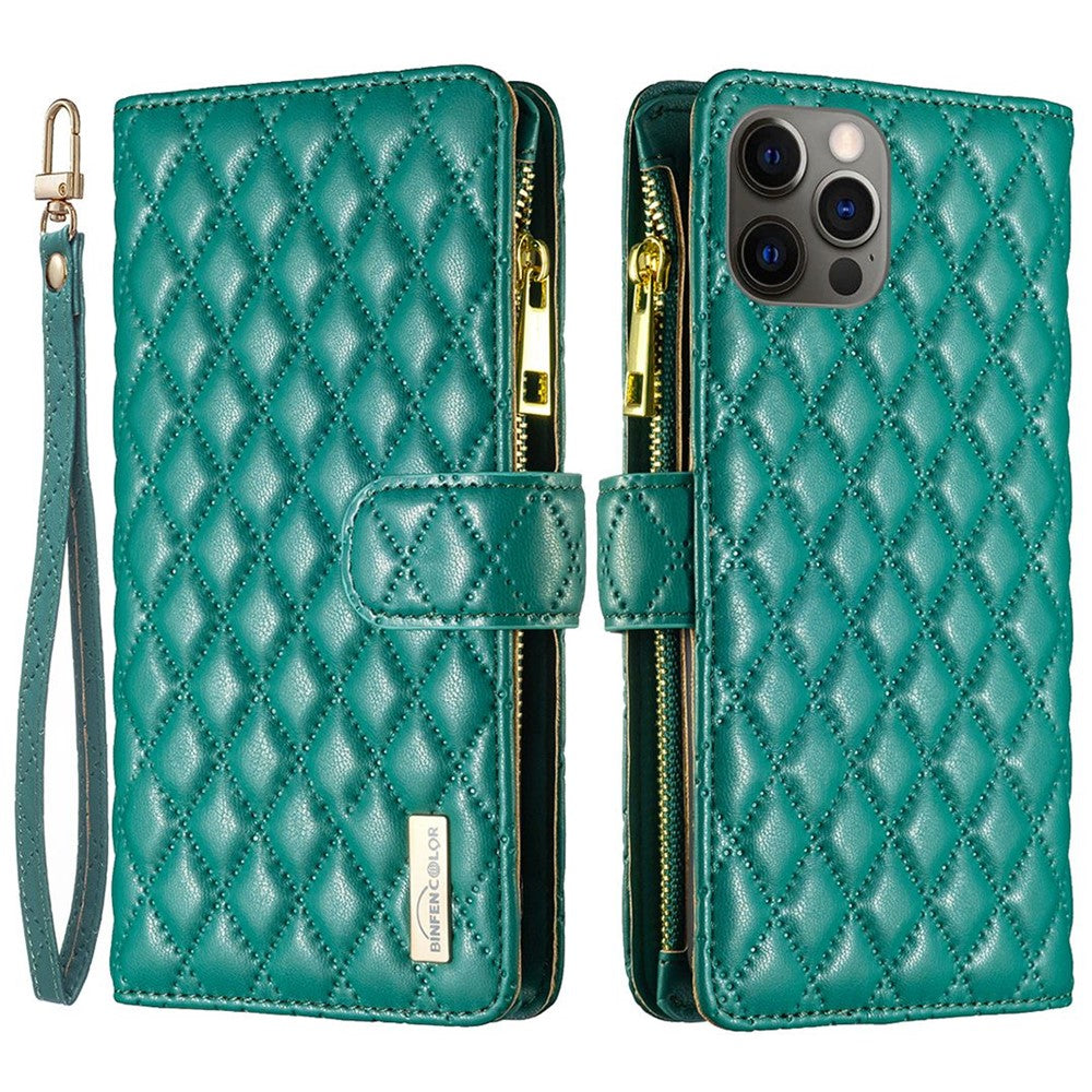 BINFEN COLOR BF Style-15 Mobilcover til iPhone 12 / 12 Pro 6.1 tommer, præget rhombemønster etui med lynlåslomme og stander i mat PU læderpungcover