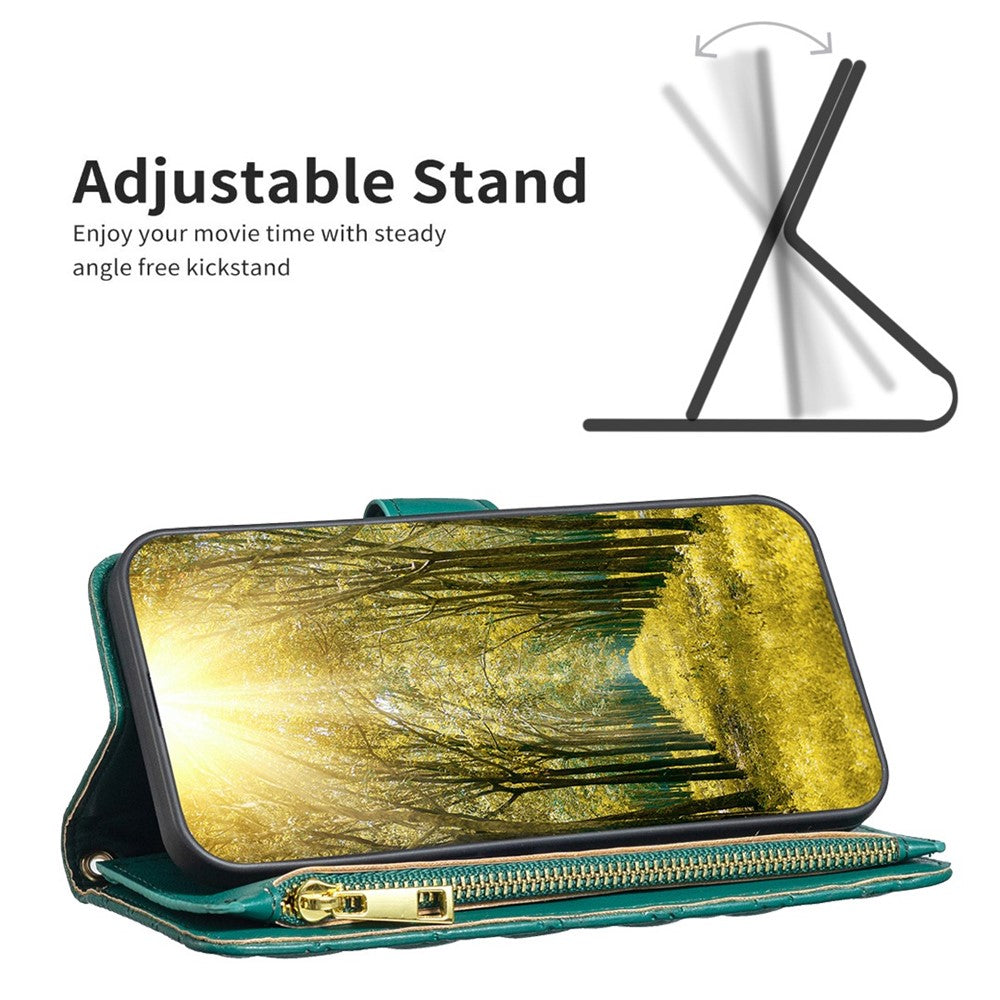 BINFEN COLOR BF Style-15 Mobilcover til iPhone 12 / 12 Pro 6.1 tommer, præget rhombemønster etui med lynlåslomme og stander i mat PU læderpungcover