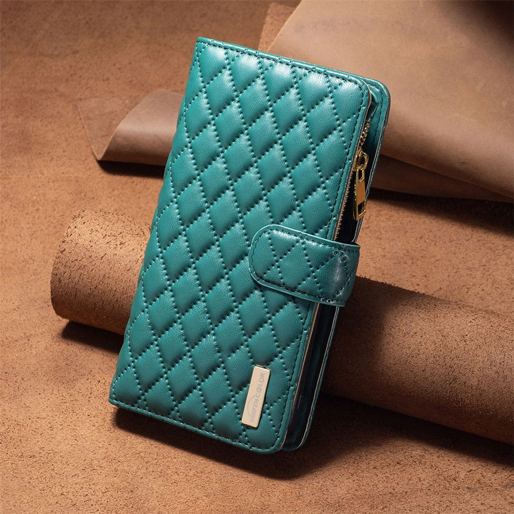 BINFEN COLOR BF Style-15 Mobilcover til iPhone 12 / 12 Pro 6.1 tommer, præget rhombemønster etui med lynlåslomme og stander i mat PU læderpungcover