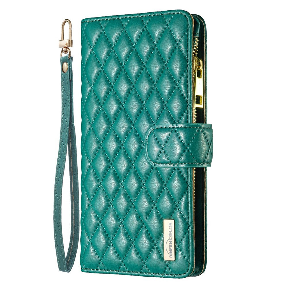 BINFEN COLOR BF Style-15 Mobilcover til iPhone 12 / 12 Pro 6.1 tommer, præget rhombemønster etui med lynlåslomme og stander i mat PU læderpungcover
