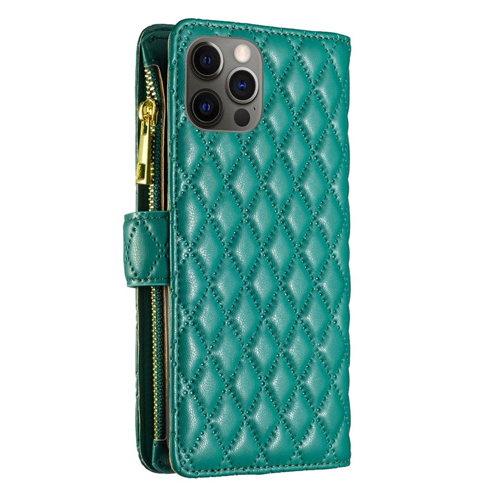 BINFEN COLOR BF Style-15 Mobilcover til iPhone 12 / 12 Pro 6.1 tommer, præget rhombemønster etui med lynlåslomme og stander i mat PU læderpungcover