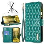 BINFEN COLOR BF Style-15 Mobilcover til iPhone 12 / 12 Pro 6.1 tommer, præget rhombemønster etui med lynlåslomme og stander i mat PU læderpungcover