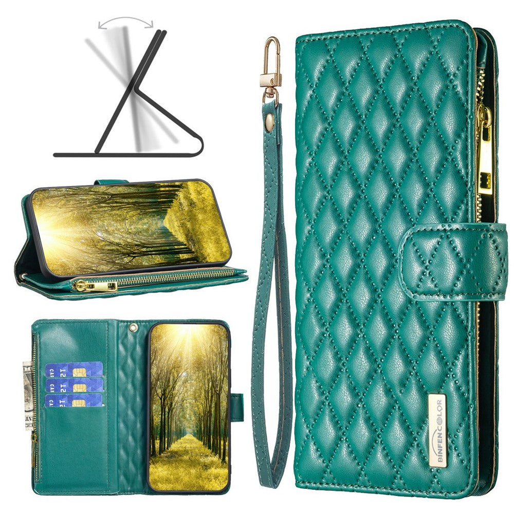 BINFEN COLOR BF Style-15 Mobilcover til iPhone 12 / 12 Pro 6.1 tommer, præget rhombemønster etui med lynlåslomme og stander i mat PU læderpungcover