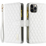 BINFEN COLOR BF Style-15 Mobilcover til iPhone 12 / 12 Pro 6.1 tommer, præget rhombemønster etui med lynlåslomme og stander i mat PU læderpungcover