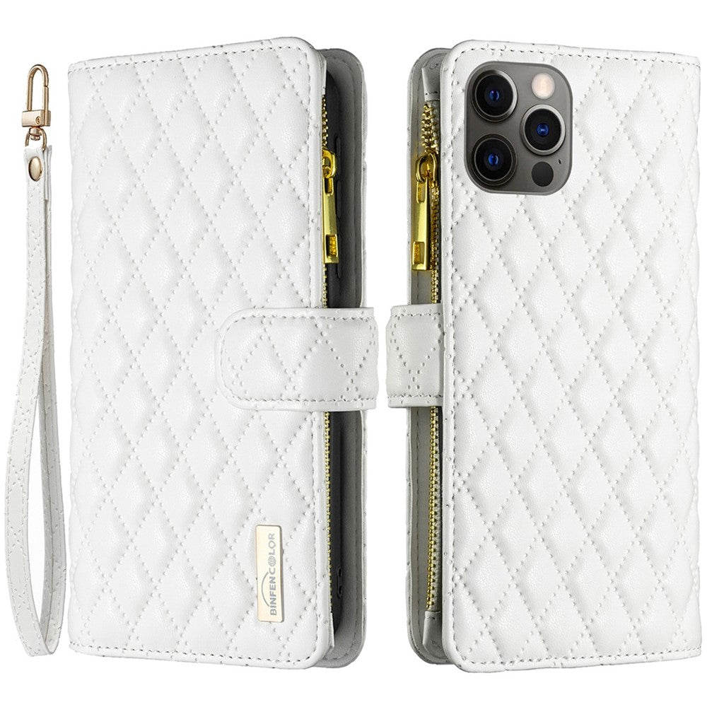 BINFEN COLOR BF Style-15 Mobilcover til iPhone 12 / 12 Pro 6.1 tommer, præget rhombemønster etui med lynlåslomme og stander i mat PU læderpungcover