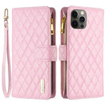 BINFEN COLOR BF Style-15 Mobilcover til iPhone 12 / 12 Pro 6.1 tommer, præget rhombemønster etui med lynlåslomme og stander i mat PU læderpungcover