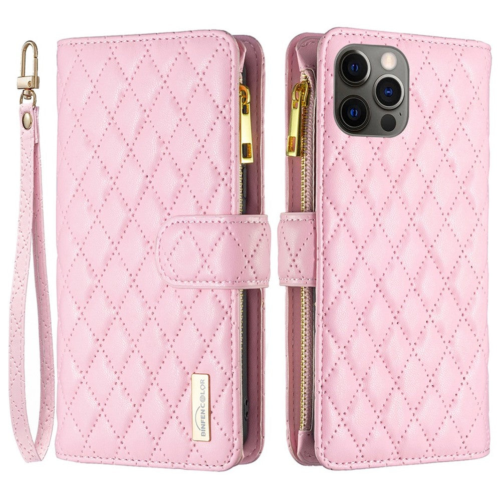 BINFEN COLOR BF Style-15 Mobilcover til iPhone 12 / 12 Pro 6.1 tommer, præget rhombemønster etui med lynlåslomme og stander i mat PU læderpungcover