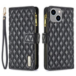 BINFEN COLOR til iPhone 14 Plus 6,7 tommer BF Style-15 Anti-fald Lynlåslomme Med Præget Rhombus Mønster Flip Stand Mat PU Læder Pung Cover