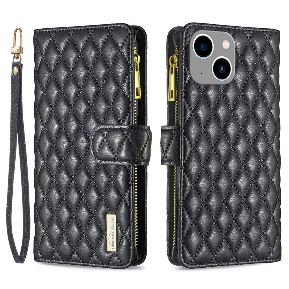 BINFEN COLOR til iPhone 14 Plus 6,7 tommer BF Style-15 Anti-fald Lynlåslomme Med Præget Rhombus Mønster Flip Stand Mat PU Læder Pung Cover