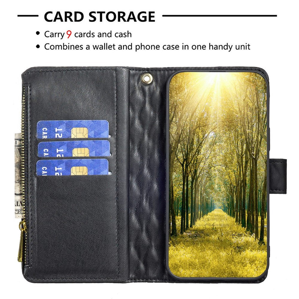 BINFEN COLOR til iPhone 14 Plus 6,7 tommer BF Style-15 Anti-fald Lynlåslomme Med Præget Rhombus Mønster Flip Stand Mat PU Læder Pung Cover