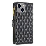 BINFEN COLOR til iPhone 14 Plus 6,7 tommer BF Style-15 Anti-fald Lynlåslomme Med Præget Rhombus Mønster Flip Stand Mat PU Læder Pung Cover