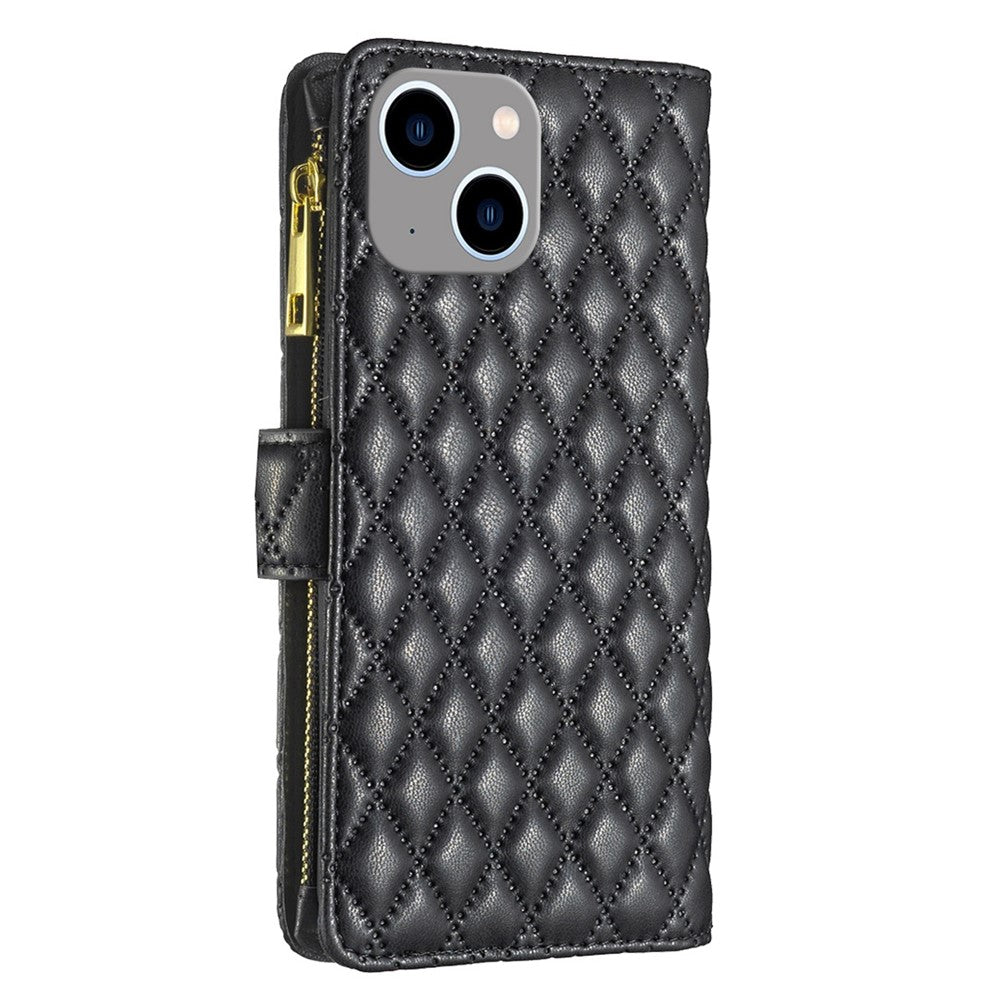 BINFEN COLOR til iPhone 14 Plus 6,7 tommer BF Style-15 Anti-fald Lynlåslomme Med Præget Rhombus Mønster Flip Stand Mat PU Læder Pung Cover