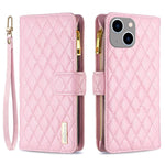 BINFEN COLOR til iPhone 14 Plus 6,7 tommer BF Style-15 Anti-fald Lynlåslomme Med Præget Rhombus Mønster Flip Stand Mat PU Læder Pung Cover